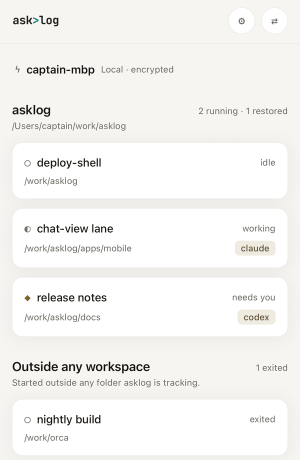 The asklog iPhone app listing coding-agent sessions running on a Mac: a Claude session working and a Codex session waiting for input.